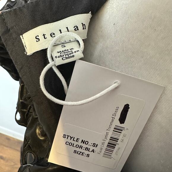 Stellah NWT $168 Small Black Faux Leather Goth Punk Alt Eyelet Babydoll Dress - Picture 12 of 14